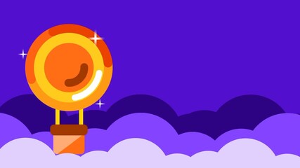 Two golden coin balloons are positioned on the left side of the screen over purple clouds within a dark purple environment for a consistent game UI