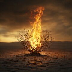 Burning Thorn Bush on Desert, Christian Symbol, Bible Concept  high resolution   for isolate image