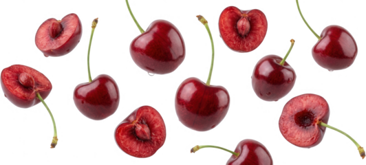 Fresh ripe whole and halved cherries with visible pits and green stems artfully arranged against a stark contrast cherry red fruit food cut seed juicy natural healthy sweet summer dessert