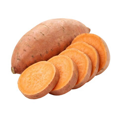Whole and sliced orange sweet potatoes