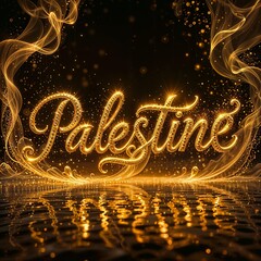 Elegant Golden 3D Typography "Palestine" with Ethereal Smoke and Sparkling Particles