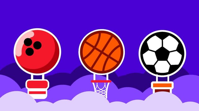 Three balloons featuring a bowling ball a basketball and a soccer ball float together over purple clouds representing various sports themed modes