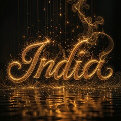 Glowing Golden 3D Typography "India" with Magical Sparkles and Ethereal Smoke
