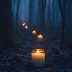 Lit Candles in Dark Mysterious Foggy Forest  high resolution   for isolate image