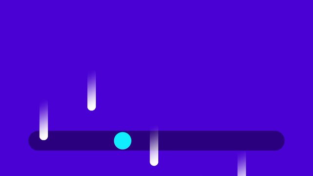 Small white droplets fall toward a bright blue dot on a horizontal line against a purple background representing a rhythm or coordination exercise