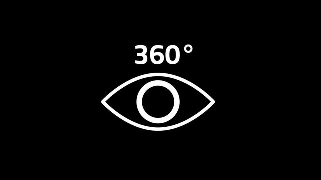 A single white eye icon with a three hundred sixty degree label above it is centered on a black background denoting a full range of vision task
