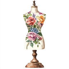 Retro Mannequin with Flowers Watercolor Illustration Isolated on White Background  high resolution   for isolate image