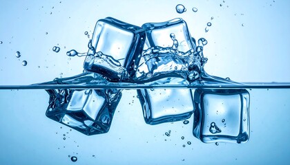 Ice Cubes Splashing into Clear Water with Droplets.