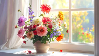 Vibrant Bouquet of Fresh Dahlias and Delphiniums on a Sunny Windowsill.