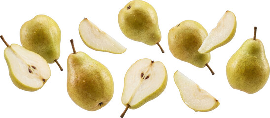 Whole pears sliced pears and pear wedges showing ripe fruit with visible seeds and water droplets arranged in a scattered composition food healthy fresh sweet natural nutrition ingredient