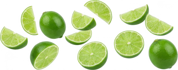 A vibrant collection of fresh green lime fruits and slices artfully arranged showcasing their juicy texture and zesty essence offering a refreshing visual appeal citrus whole food ingredient