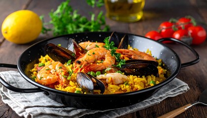 Delicious Seafood Paella in a Traditional Pan with Lemon and Tomatoes.