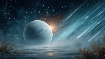 Mystical Planet Landscape with Meteors and Water