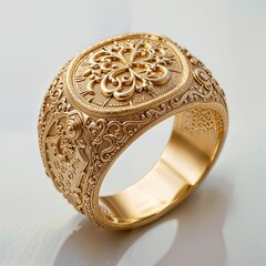 Luxurious Ornate Gold Signet Ring with Intricate Filigree and Baroque Engravings