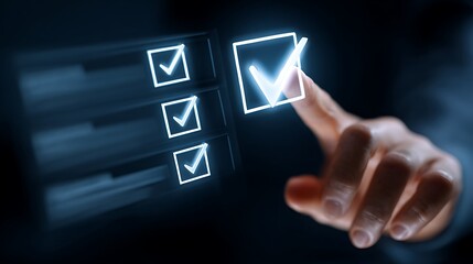 A person?s finger touches a glowing checkmark on a list, decision-making theme