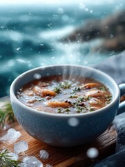 Steaming Soup by the Sea on a Snowy Day
