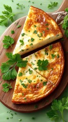 Savory Herb Omelet Slices on Wooden Board, Fresh Green Herbs