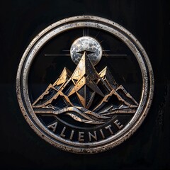 Metallic Sci-Fi Logo "Alienite" Featuring Stylized Mountains and Moon in Industrial Frame
