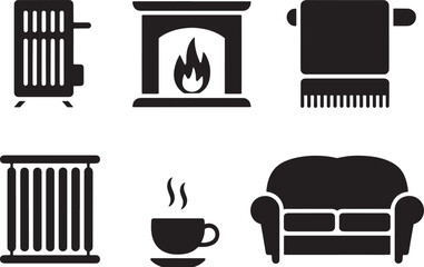 Home Heating and Comfort Icon Set in Solid Style Featuring Fireplace, Radiator, Heater, and Cozy Elements