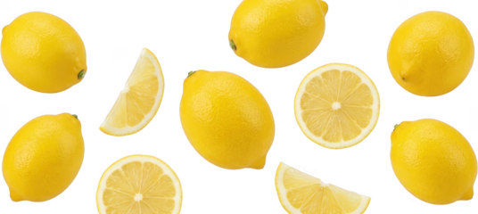 Assortment of bright yellow lemons and lemon slices artfully arranged in a dynamic scattered composition against a neutral background 189 characters citrus fruit food fresh juicy vitamin C