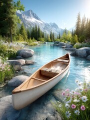 Canoe on Crystal Clear River with Mountain Backdrop