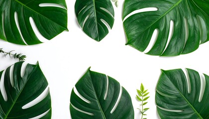 Monstera Leaves Arrangement on White Background.