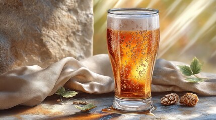 Golden Beer in Glass, Stone and Fabric Backdrop