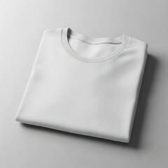 A neatly folded white t-shirt on a plain gray background, showcasing a simple and clean design.