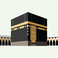 Kaaba Illustration with Islamic Architecture and Golden Accents