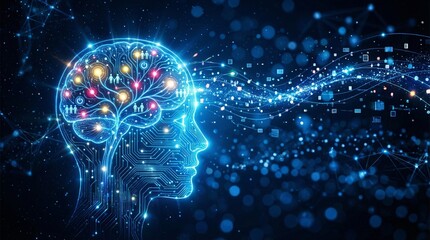 Cinematic wide angle 2k illustration of human head with circuit board