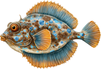 Vibrant flounder fish with blue and orange fins isolated on transparent background