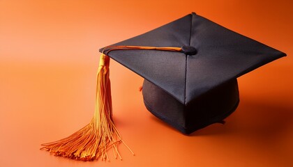graduation caps with orange tassels on orange background