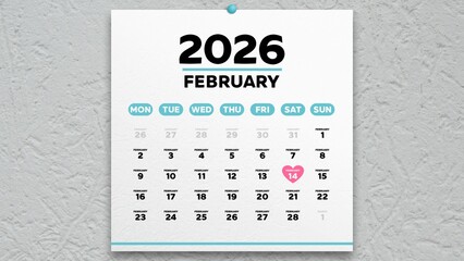 A nice February 2026 page of a wall calendar with the date of Valentine's Day highlighted