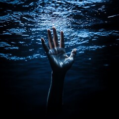 A hand emerges from the dark blue depths of the water, reaching upwards for help  high resolution   for isolate image