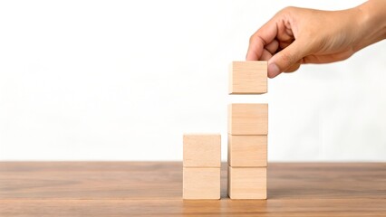 Growth and Structure Concept &ndash; Hand Stacking Wooden Blocks in Multiple Columns on White Background, blocks, hand, stacking, growth, progress, development, organization, strategy, minimal, wood