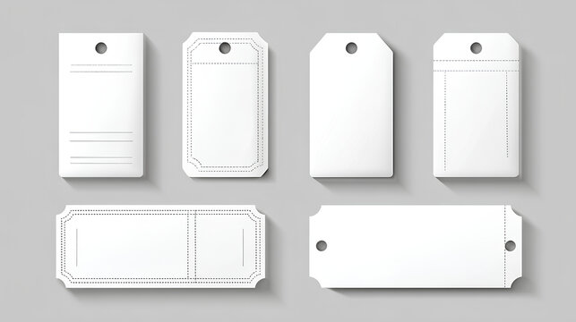 White ticket and coupon vector collection. Isolated blank paper forms for events, movies, theater, flights, or vouchers. Minimalist mockups with perforated edges white background