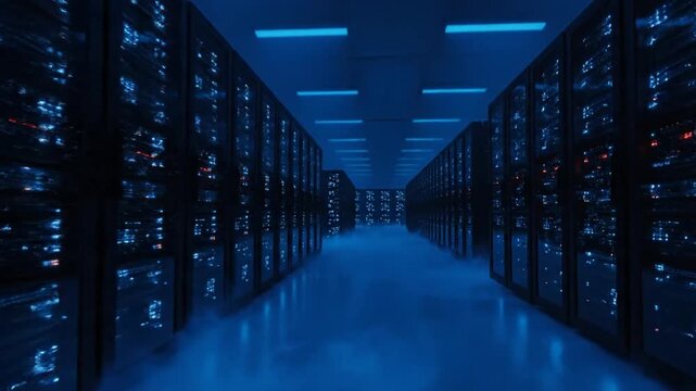 Futuristic data center hallway with rows of server racks, blinking lights, and cool blue atmospheric fog. Represents technology, cloud computing, AI, network, and big data.