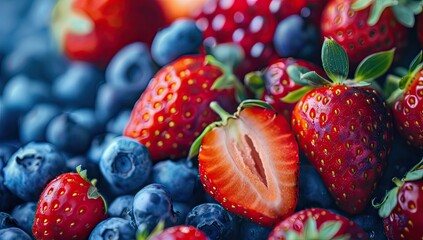 A close-up shot of a mix of ripe blueberries and juicy strawberries, perfect for snacking