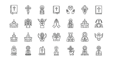 Fototapeta premium Religion line icons set, christianity, church, bible, angel, prayer, isolated on