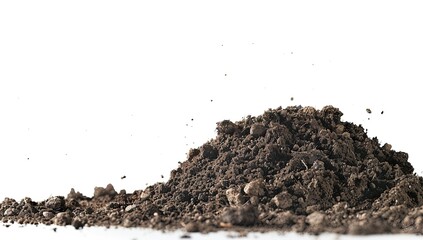 A close-up shot of a small pile of dark, rich soil against a clean white background