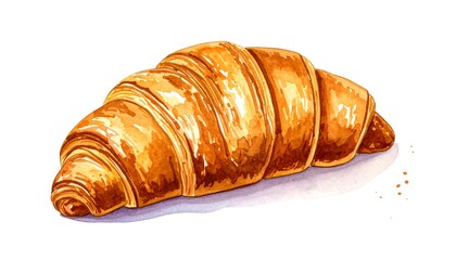 Golden Croissant Pastry Isolated on White Background Watercolor Illustration.