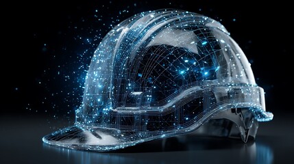 Digital wireframe illustration of a protective helmet with glowing particles on dark background