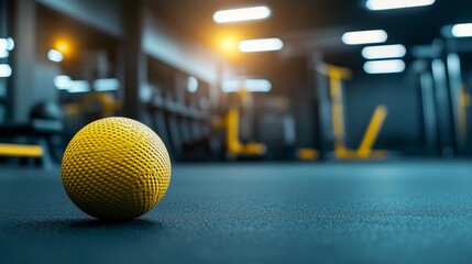 Close-up of medicine ball surface texture showing grip pattern against blurred background of organized training equipment, shallow depth of field creating visual hierarchy, modern gym interior with