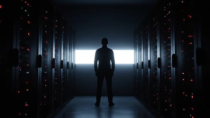 Man's silhouette in a dark, high-tech data center with glowing server racks. Represents technology, IT, big data, network, AI, cloud computing, digital future, and security concepts. - Powered by Adobe