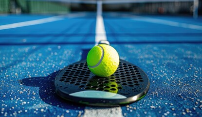 A close-up shot of a tennis ball resting on a racket, on a blue court