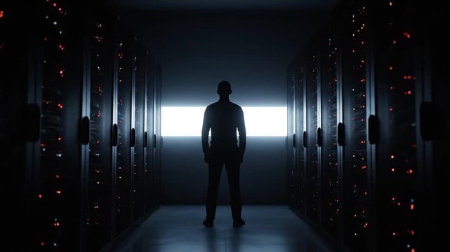 Man's silhouette in a dark, high-tech data center with glowing server racks. Represents technology, IT, big data, network, AI, cloud computing, digital future, and security concepts.