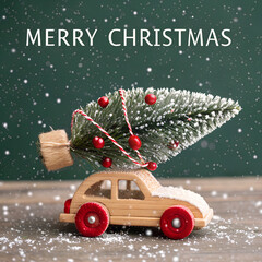 Christmas greeting card design with text. Cute wooden toy car carrying fir tree on the roof. 3D Rendering, 3D Illustration
