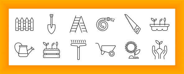 Gardening set icon. Fence, shovel, ladder, hose, saw, planter, watering can, raised bed, rake, wheelbarrow, sunflower, and hand holding sprout icons used in planting and farming themes.