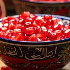 Close-Up of Vibrant Red Pomegranate Seeds in a Decorative Blue and Red Bowl with Arabic Calligraphy and Floral Accents on a Wooden Surface