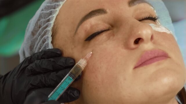 Beautician doctor making injection into eye area of middle years woman for rejuvenation. Aesthetic specialist treating under-eye zone with dermal filler to reduce signs of aging. Professional
